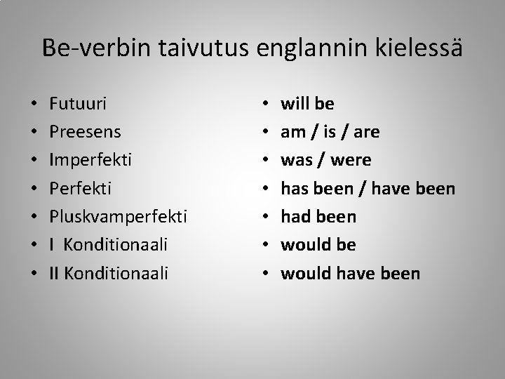 Be-verbin taivutus englannin kielessä • • Futuuri Preesens Imperfekti Pluskvamperfekti I Konditionaali II Konditionaali