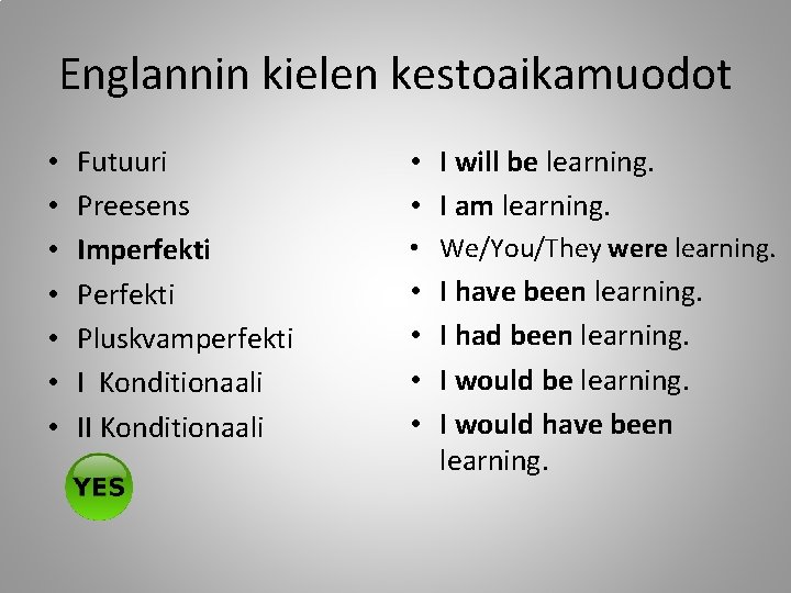 Englannin kielen kestoaikamuodot • • Futuuri Preesens Imperfekti Pluskvamperfekti I Konditionaali II Konditionaali •