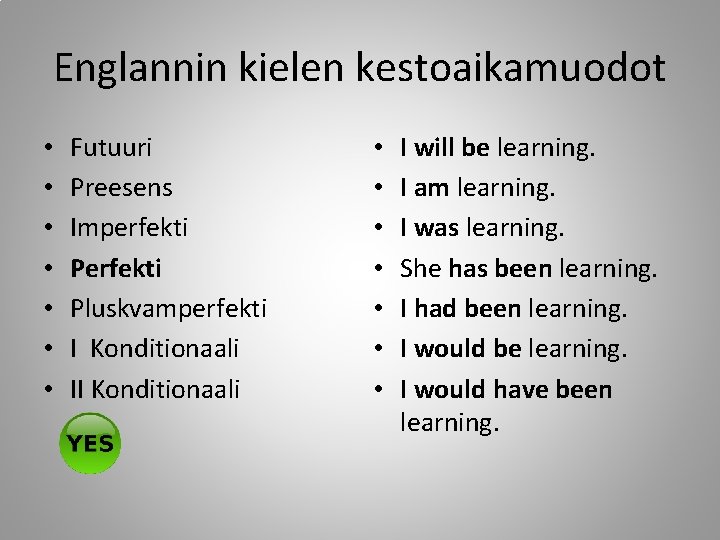 Englannin kielen kestoaikamuodot • • Futuuri Preesens Imperfekti Pluskvamperfekti I Konditionaali II Konditionaali •