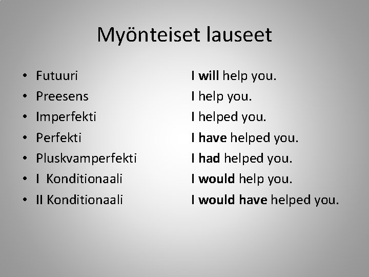 Myönteiset lauseet • • Futuuri Preesens Imperfekti Pluskvamperfekti I Konditionaali I will help you.