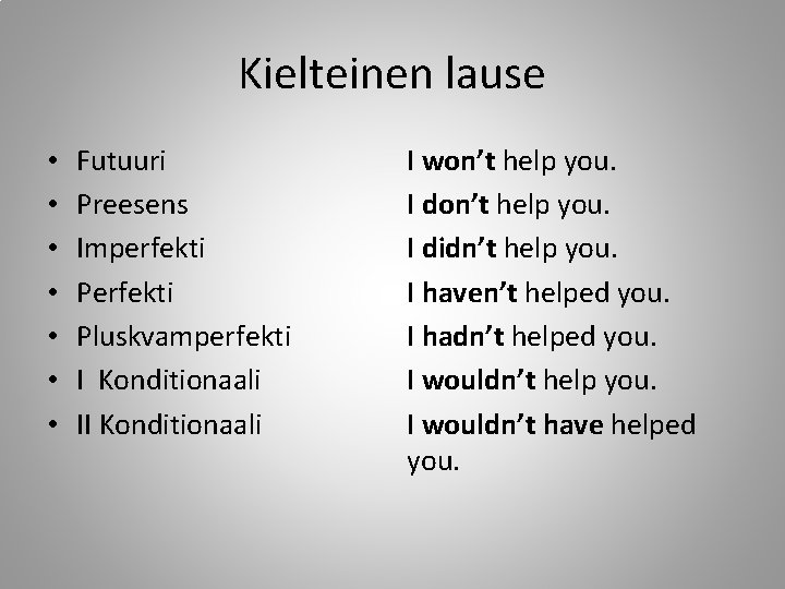 Kielteinen lause • • Futuuri Preesens Imperfekti Pluskvamperfekti I Konditionaali I won’t help you.