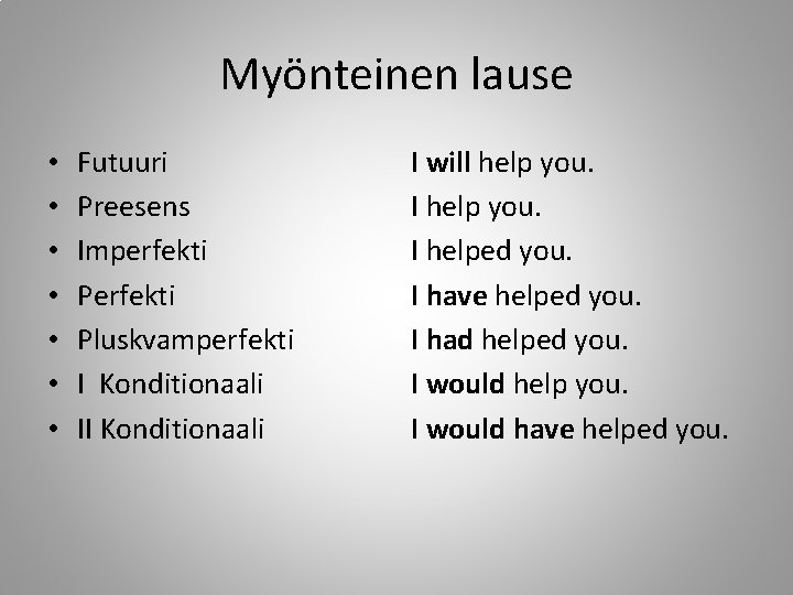 Myönteinen lause • • Futuuri Preesens Imperfekti Pluskvamperfekti I Konditionaali I will help you.