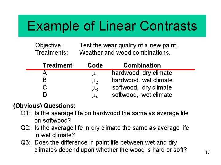 Example of Linear Contrasts Objective: Treatments: Treatment A B C D Test the wear