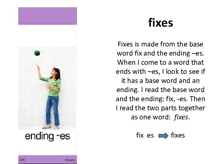 fixes Fixes is made from the base word fix and the ending –es. When