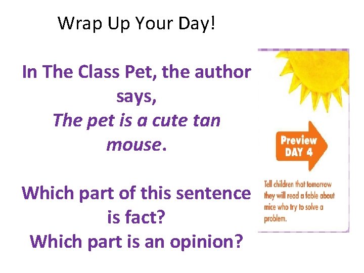 Wrap Up Your Day! In The Class Pet, the author says, The pet is