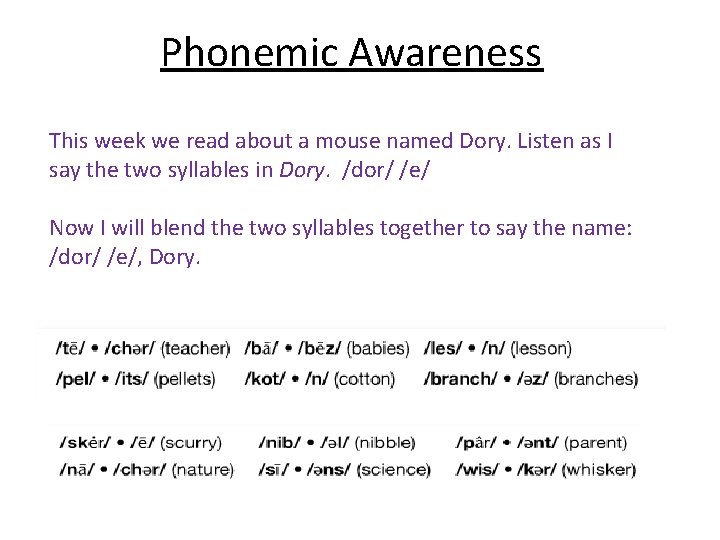 Phonemic Awareness This week we read about a mouse named Dory. Listen as I