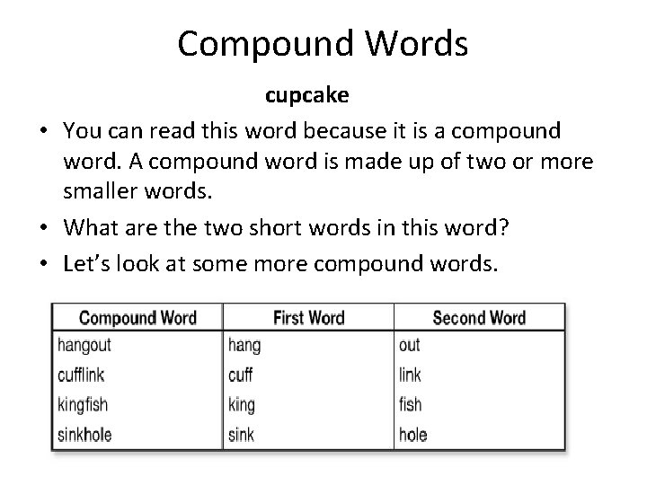 Compound Words cupcake • You can read this word because it is a compound