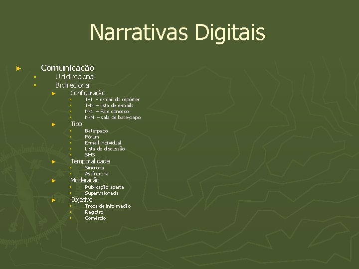 Narrativas Digitais Comunicação ► § § Unidirecional Bidirecional ► ► ► Configuração § §