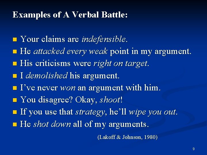 Examples of A Verbal Battle: Your claims are indefensible. n He attacked every weak