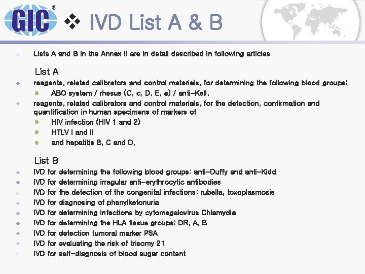 v IVD List A & B ± Lists A and B in the Annex v IVD List A & B ± Lists A and B in the Annex