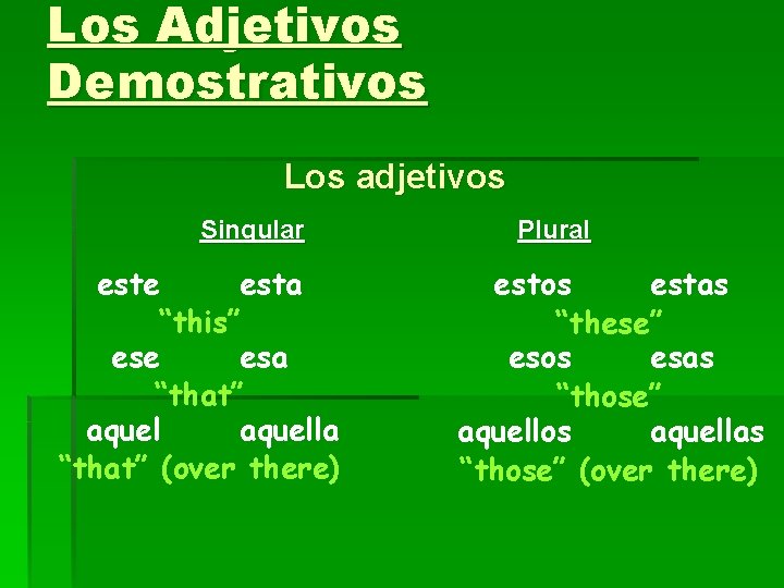 Los Adjetivos Demostrativos Los adjetivos Singular este esta “this” ese esa “that” aquella “that”