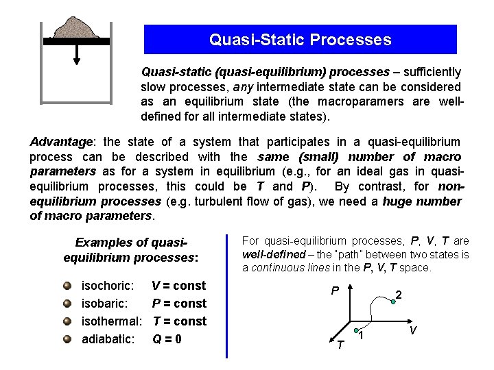 Quasi-Static Processes Quasi-static (quasi-equilibrium) processes – sufficiently slow processes, any intermediate state can be