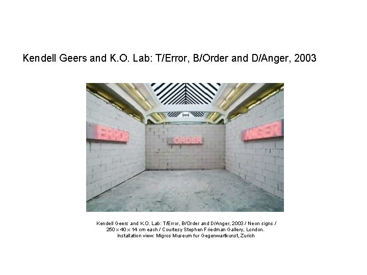 Kendell Geers and K. O. Lab: T/Error, B/Order and D/Anger, 2003 / Neon signs