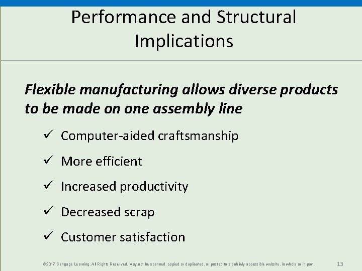 Performance and Structural Implications Flexible manufacturing allows diverse products to be made on one