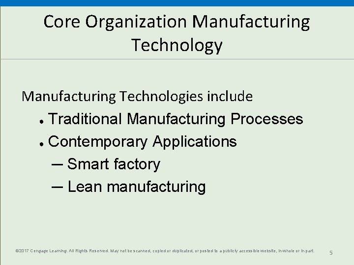 Core Organization Manufacturing Technology Manufacturing Technologies include ● Traditional Manufacturing Processes ● Contemporary Applications