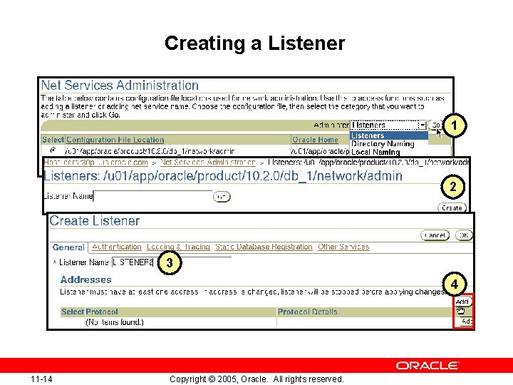 Creating a Listener 1 2 3 4 11 -14 Copyright © 2005, Oracle. All