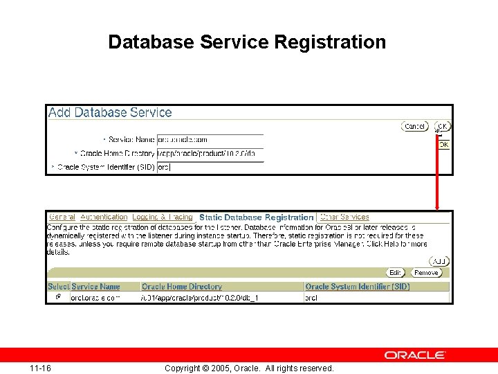 Database Service Registration 11 -16 Copyright © 2005, Oracle. All rights reserved. 