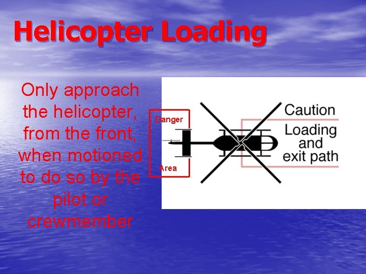 Helicopter Loading Only approach the helicopter, from the front, when motioned to do so