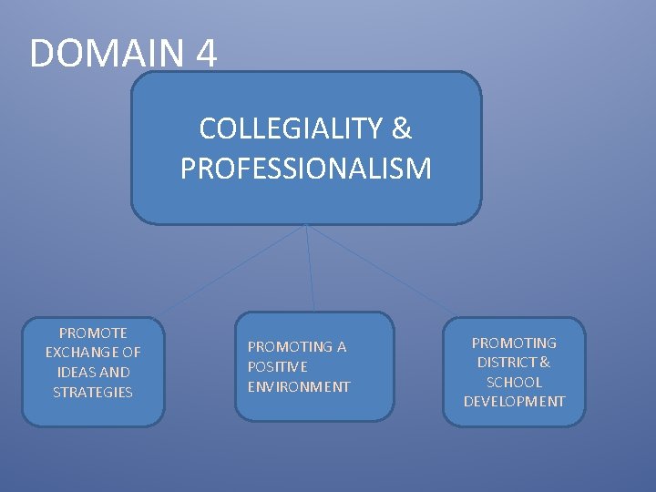 DOMAIN 4 COLLEGIALITY & PROFESSIONALISM PROMOTE EXCHANGE OF IDEAS AND STRATEGIES PROMOTING A POSITIVE