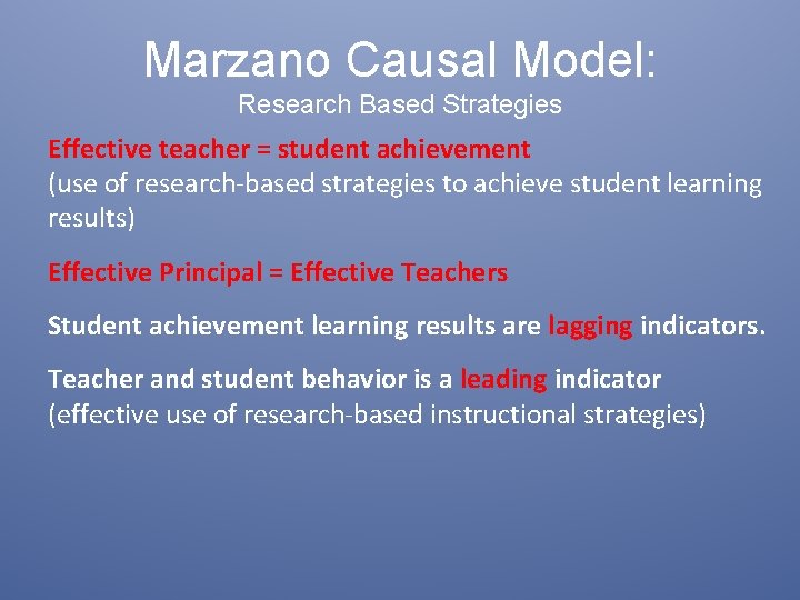 Marzano Causal Model: Research Based Strategies Effective teacher = student achievement (use of research-based