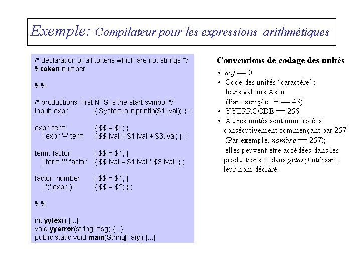 Exemple: Compilateur pour les expressions /* declaration of all tokens which are not strings