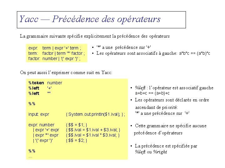 Yacc — Précédence des opérateurs La grammaire suivante spécifie explicitement la précédence des opérateurs