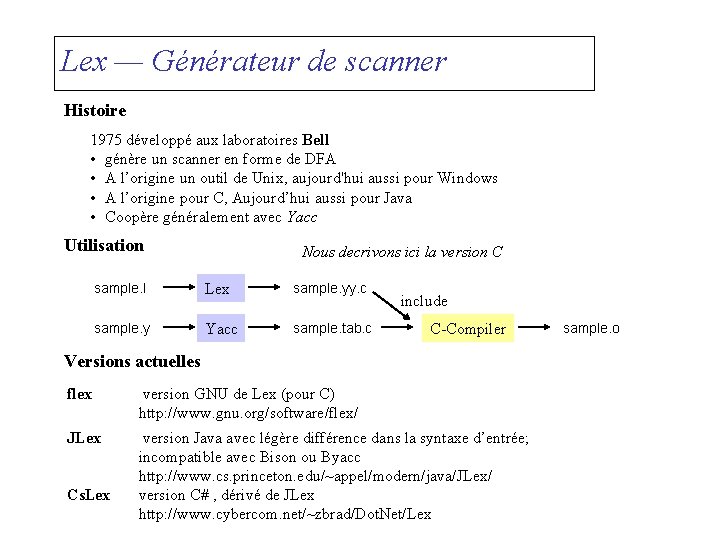 Lex — Générateur de scanner Histoire 1975 développé aux laboratoires Bell • génère un