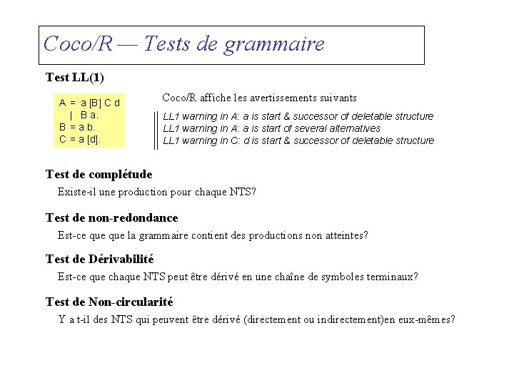 Coco/R — Tests de grammaire Test LL(1) A = a [B] C d |