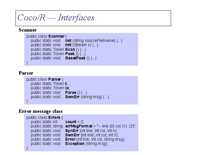 Coco/R — Interfaces Scanner public class Scanner { public static void Init (string source.