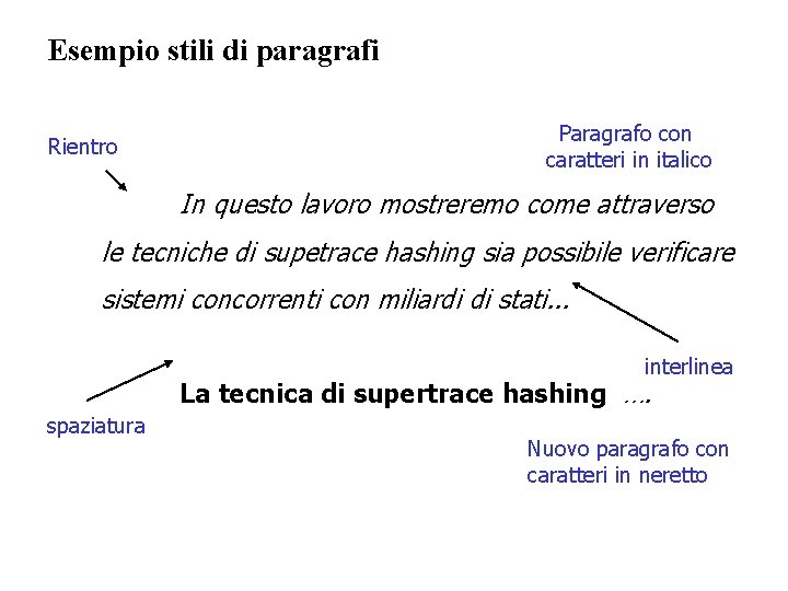 Esempio stili di paragrafi Rientro Paragrafo con caratteri in italico In questo lavoro mostreremo