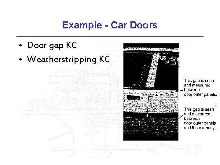 Example - Car Doors • Door gap KC • Weatherstripping KC 