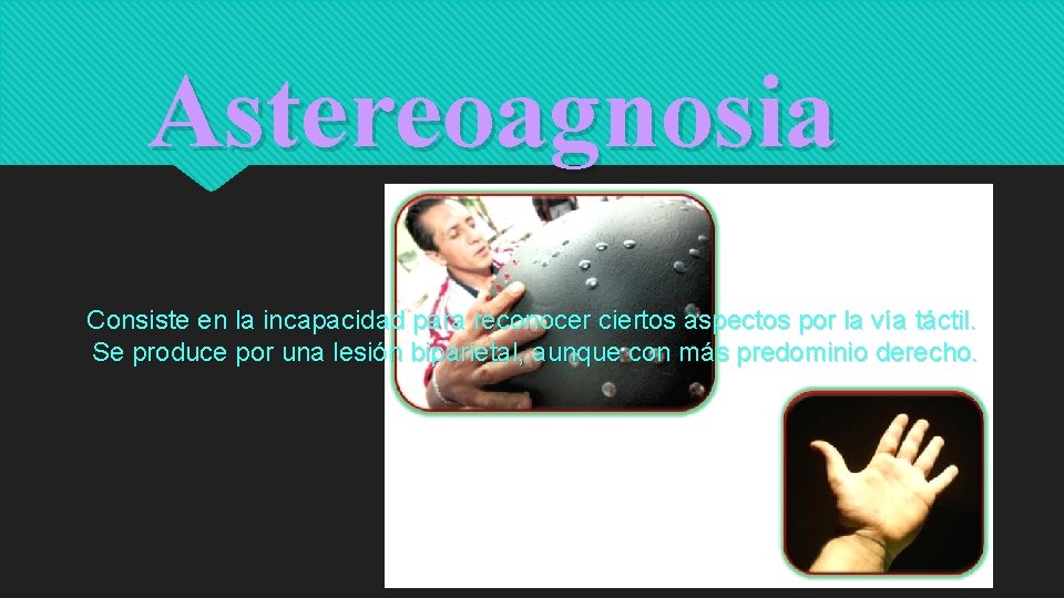 Astereoagnosia Consiste en la incapacidad para reconocer ciertos aspectos por la vía táctil. Se