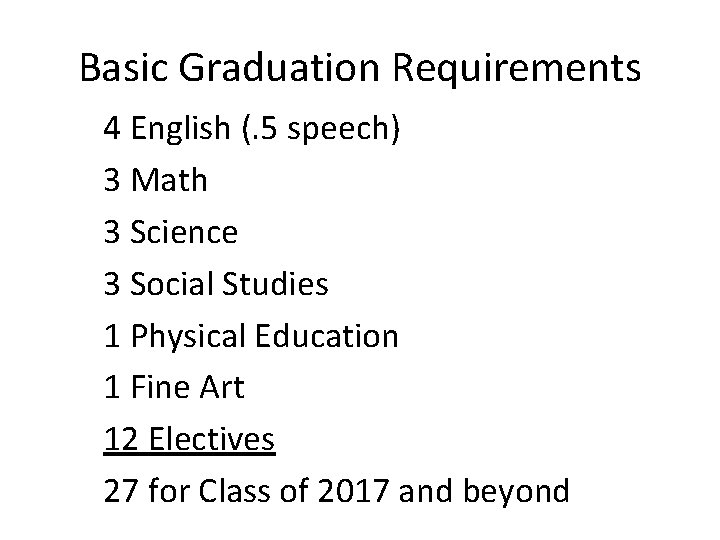 Basic Graduation Requirements 4 English (. 5 speech) 3 Math 3 Science 3 Social