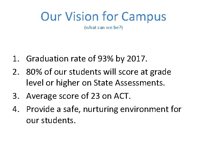 Our Vision for Campus (what can we be? ) 1. Graduation rate of 93%