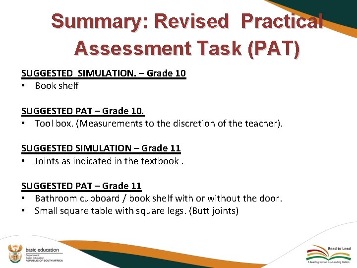 Summary: Revised Practical Assessment Task (PAT) SUGGESTED SIMULATION. – Grade 10 • Book shelf
