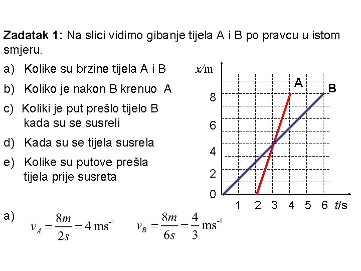 Zadatak 1: Na slici vidimo gibanje tijela A i B po pravcu u istom