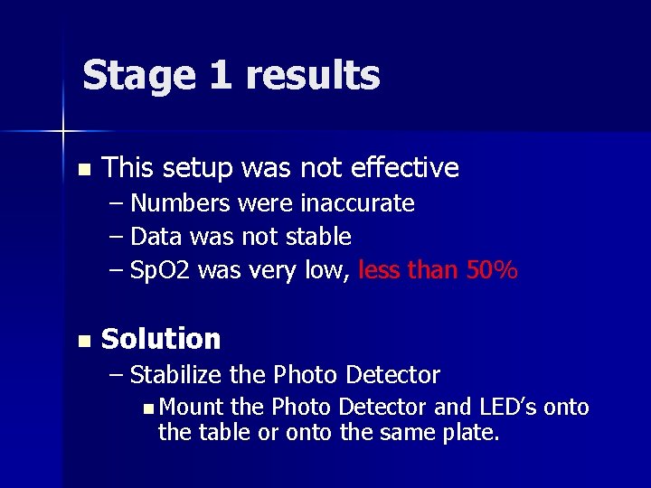 Stage 1 results n This setup was not effective – Numbers were inaccurate –