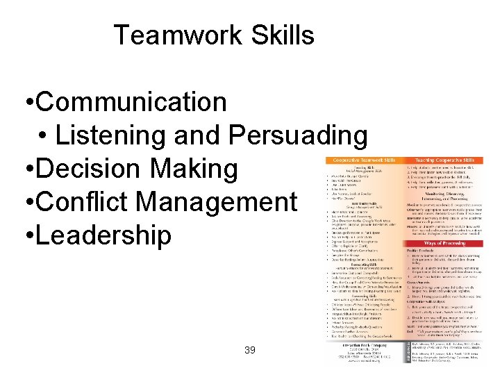 Teamwork Skills • Communication • Listening and Persuading • Decision Making • Conflict Management