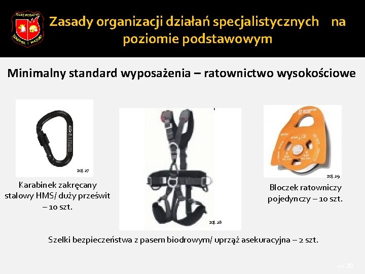 Zasady organizacji działań specjalistycznych na poziomie podstawowym Minimalny standard wyposażenia – ratownictwo wysokościowe zdj.