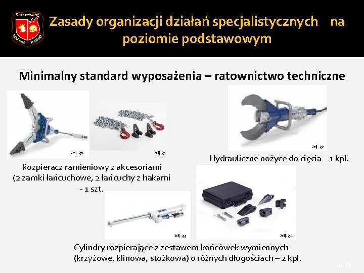 Zasady organizacji działań specjalistycznych na poziomie podstawowym Minimalny standard wyposażenia – ratownictwo techniczne zdj.