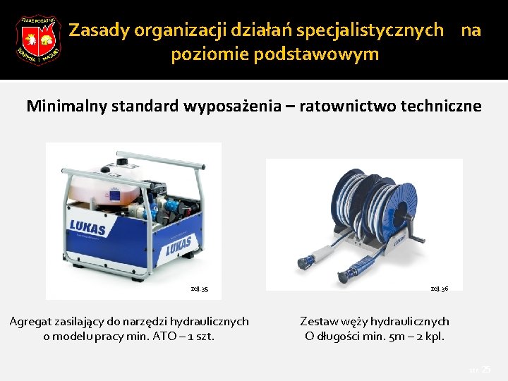 Zasady organizacji działań specjalistycznych na poziomie podstawowym Minimalny standard wyposażenia – ratownictwo techniczne zdj.