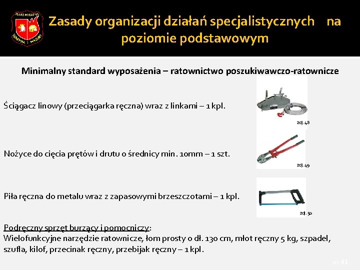 Zasady organizacji działań specjalistycznych na poziomie podstawowym Minimalny standard wyposażenia – ratownictwo poszukiwawczo-ratownicze Ściągacz