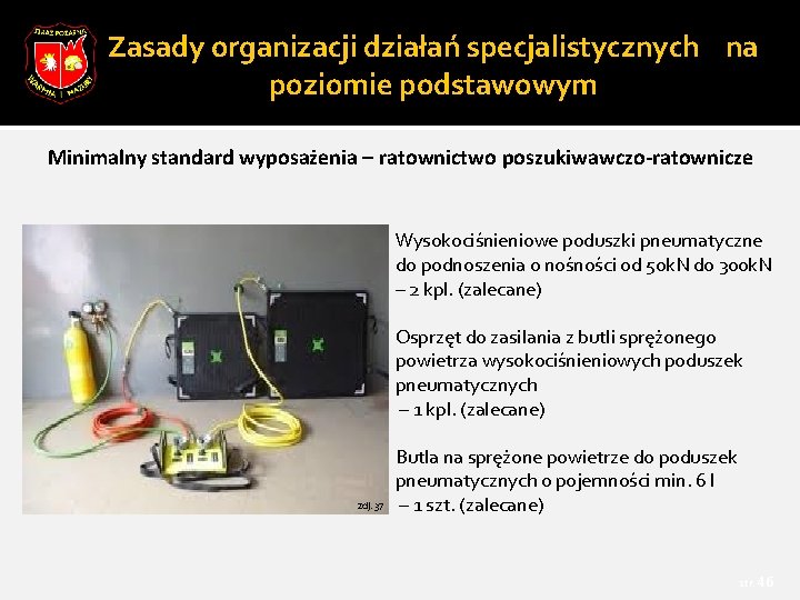 Zasady organizacji działań specjalistycznych na poziomie podstawowym Minimalny standard wyposażenia – ratownictwo poszukiwawczo-ratownicze Wysokociśnieniowe