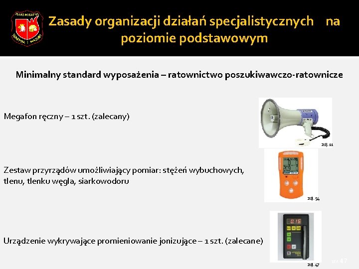 Zasady organizacji działań specjalistycznych na poziomie podstawowym Minimalny standard wyposażenia – ratownictwo poszukiwawczo-ratownicze Megafon