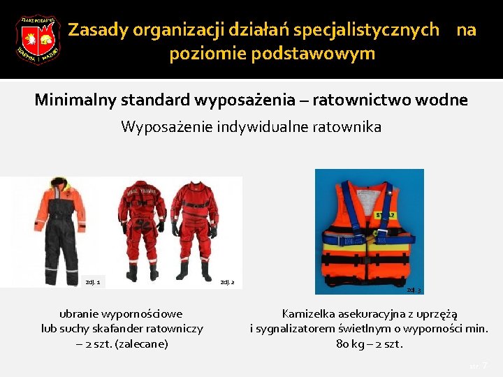 Zasady organizacji działań specjalistycznych na poziomie podstawowym Minimalny standard wyposażenia – ratownictwo wodne Wyposażenie