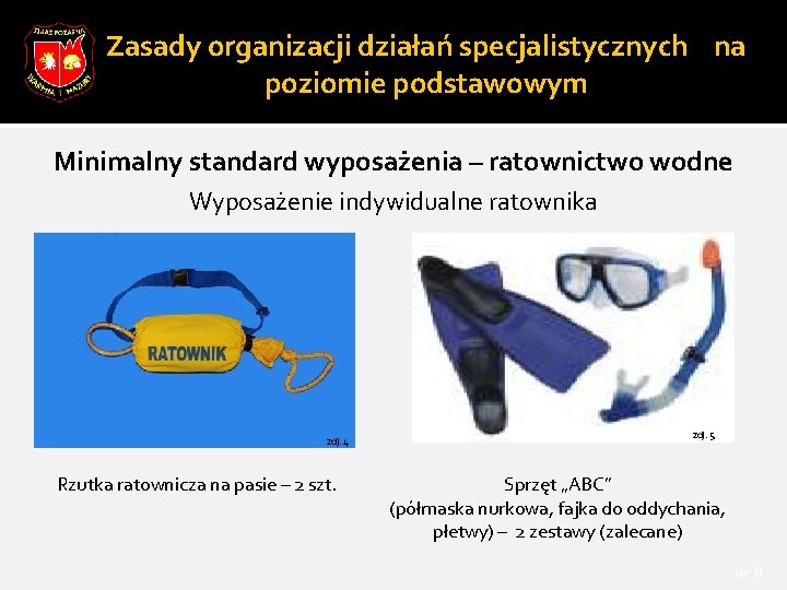 Zasady organizacji działań specjalistycznych na poziomie podstawowym Minimalny standard wyposażenia – ratownictwo wodne Wyposażenie