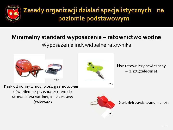 Zasady organizacji działań specjalistycznych na poziomie podstawowym Minimalny standard wyposażenia – ratownictwo wodne Wyposażenie