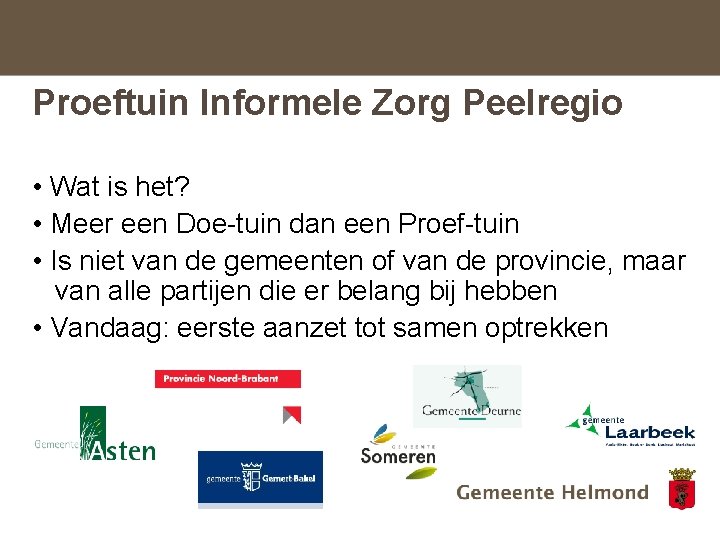 Proeftuin Informele Zorg Peelregio • Wat is het? • Meer een Doe-tuin dan een