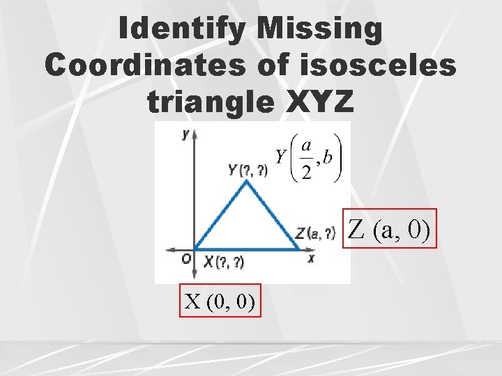 Identify Missing Coordinates of isosceles triangle XYZ Z (a, 0) X (0, 0) 