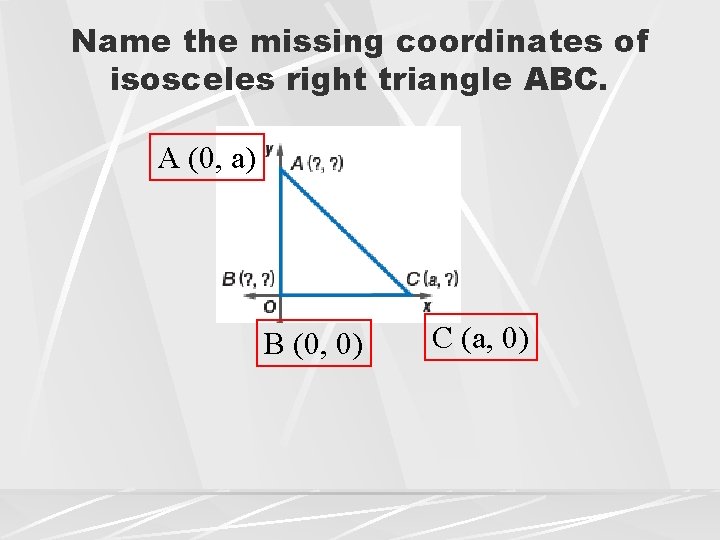 Name the missing coordinates of isosceles right triangle ABC. A (0, a) B (0,